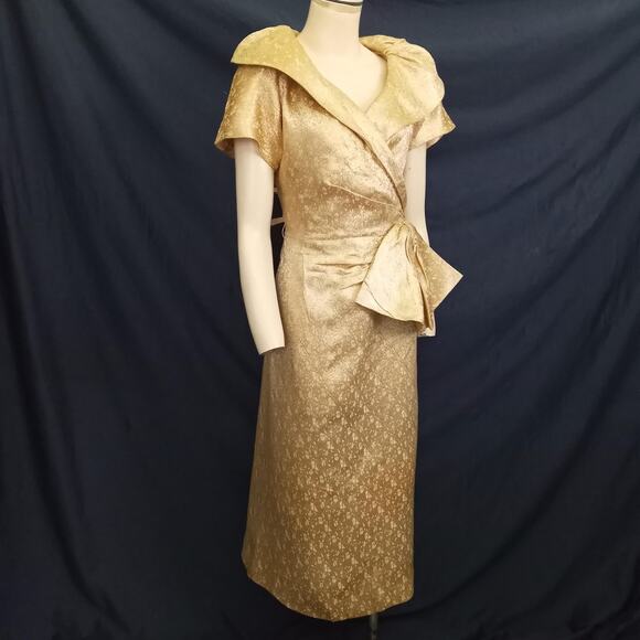 Vintage Couture Gold Brocade Cocktail Dress Cream M Bow Pouf Collar Short Sleeve - Picture 2 of 10